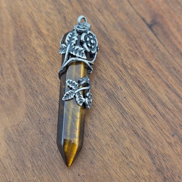 no brand Jewelry - Silver Tone Wrapped Tiger Eye Brown Obelisk Pendant Fairy Renaissance Cosplay